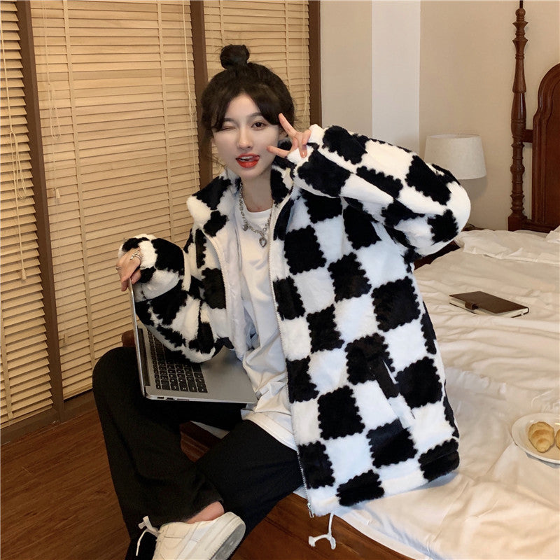 Chessboard Printing Wholesale Women Thick Coat