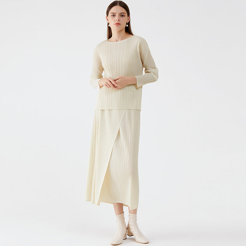 Asymmetrical Button Down Solid Pleated Long Skirt