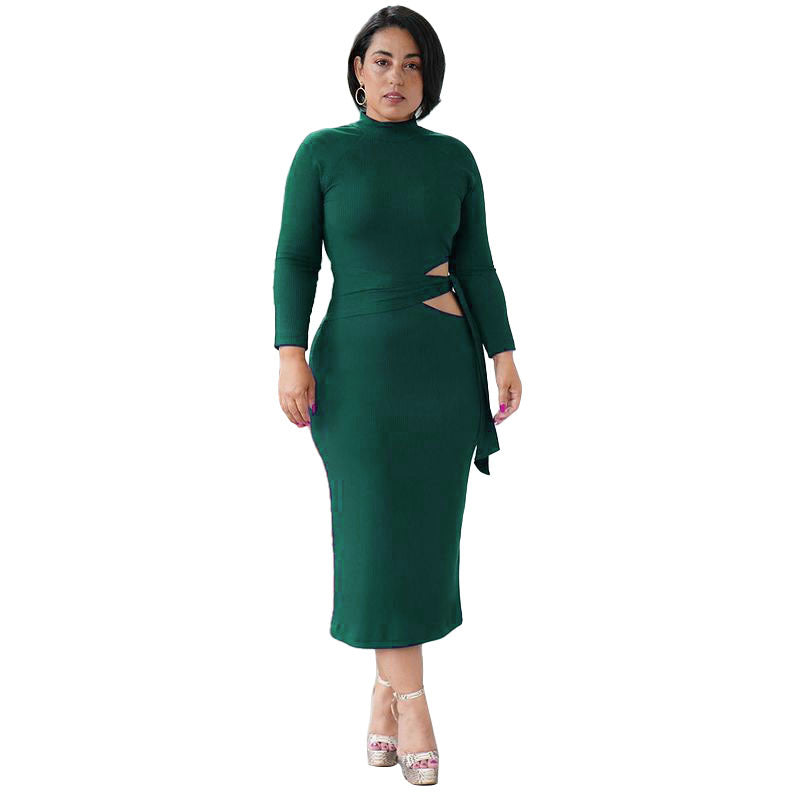 Solid Color Long Sleeve High Waist Hollow Tight-Fitting Mid-Length Dress