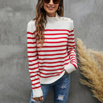 Women's Fashion Striped Long Sleeve Mock Neck Pullover Wholesale Knitted Sweater