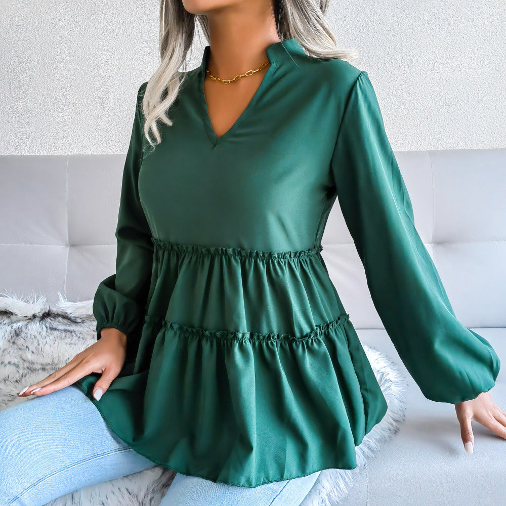 Solid Color Lantern Sleeve Casual Loose Ruffled Chiffon Blouse Wholesale T Shirts