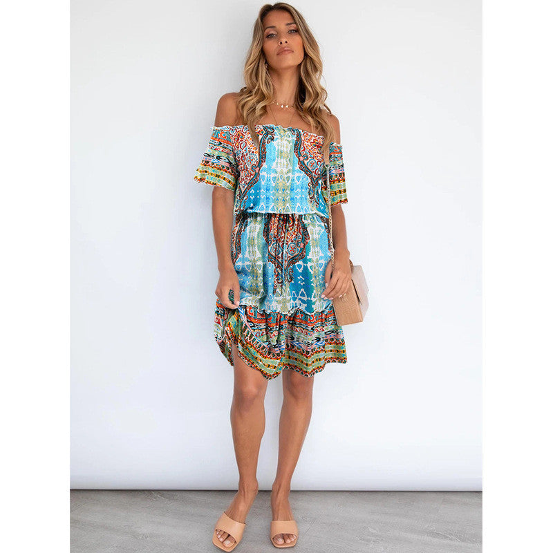 Ethnic Style Boho Style Print Off Shoulder Vacation Dress Sexy Wholesale Bohemian Dress For Women SD531675