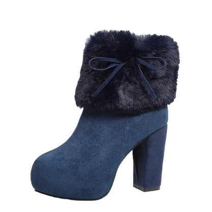 Winter Shoes Women Square High Heels Fur Warm Boots