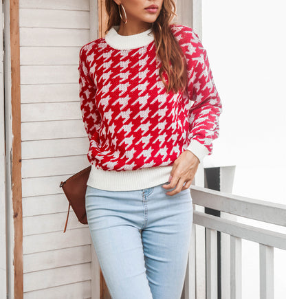 Houndstooth Pattern Round Neck Sweater Wholesale Clothing SS070039