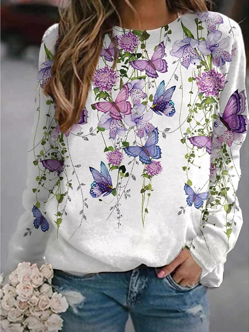 Wholesale Woman Crew Neck Sweatshirt With Floral Butterfly Animal Print