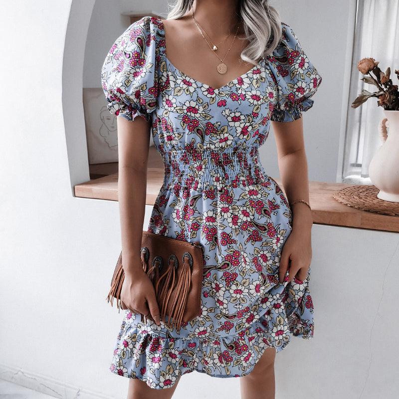 Floral Printed Square Neck Puff Sleeve Casual Ruffles Wholesale Dresses Retro Casual Dress