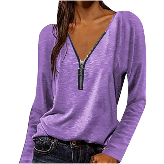 Zipper Long Sleeve Casual V-Neckline Top