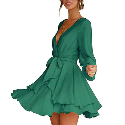 Solid Color Long Sleeve V Neck Irregular Wholesale Ruffle Dresses