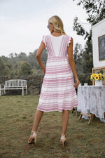 Stripe Deep V Ruffles Sleeveless Pocket Midi Bohemian Dress For Women Wholesale Dresses SD203590