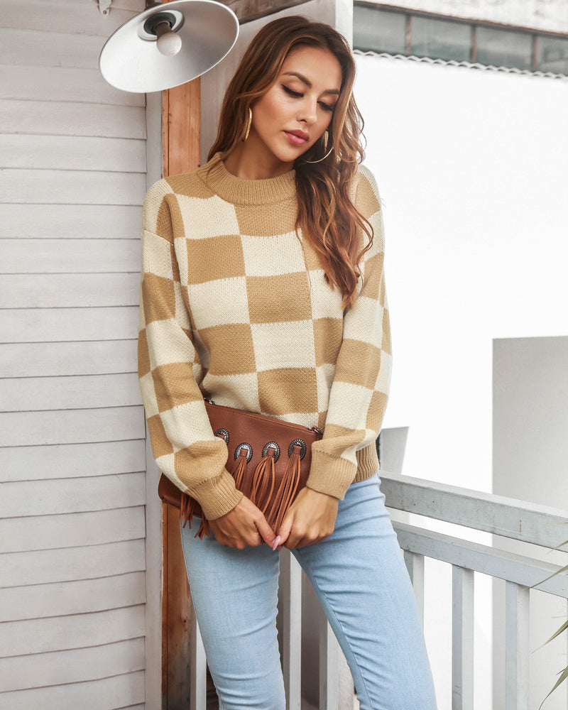 Long Sleeve Plaid Round Neck Sweater Wholesale Clothing SS070034