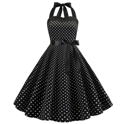 Polka-Dot Retro Halter Floral Midi Dress Wholesale For Valentine'S Day