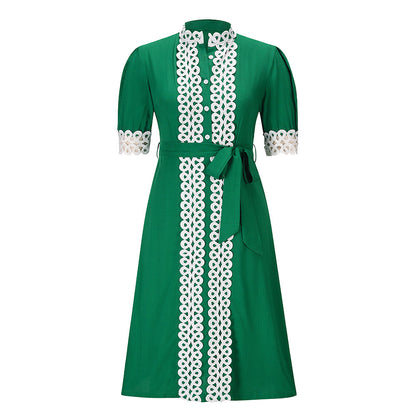 Lace Stand Collar Short Sleeve Wholesale Midi Dresses With Belt