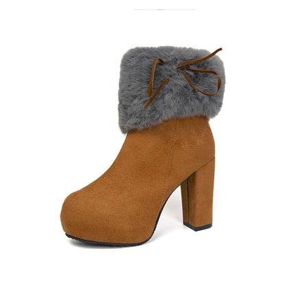 Winter Shoes Women Square High Heels Fur Warm Boots