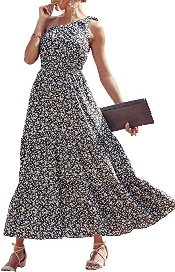 Floral Print Twist Slanted Shoulder Strapless Smocked Swing Dress Vacation Wholesale Maxi Dresses