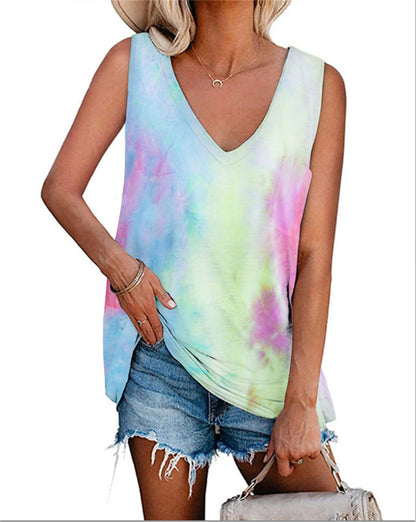 Tie-Dye Print Summer V Neck Sleeveless Casual Women'S Shirts Wholesale Tank Tops ST531055