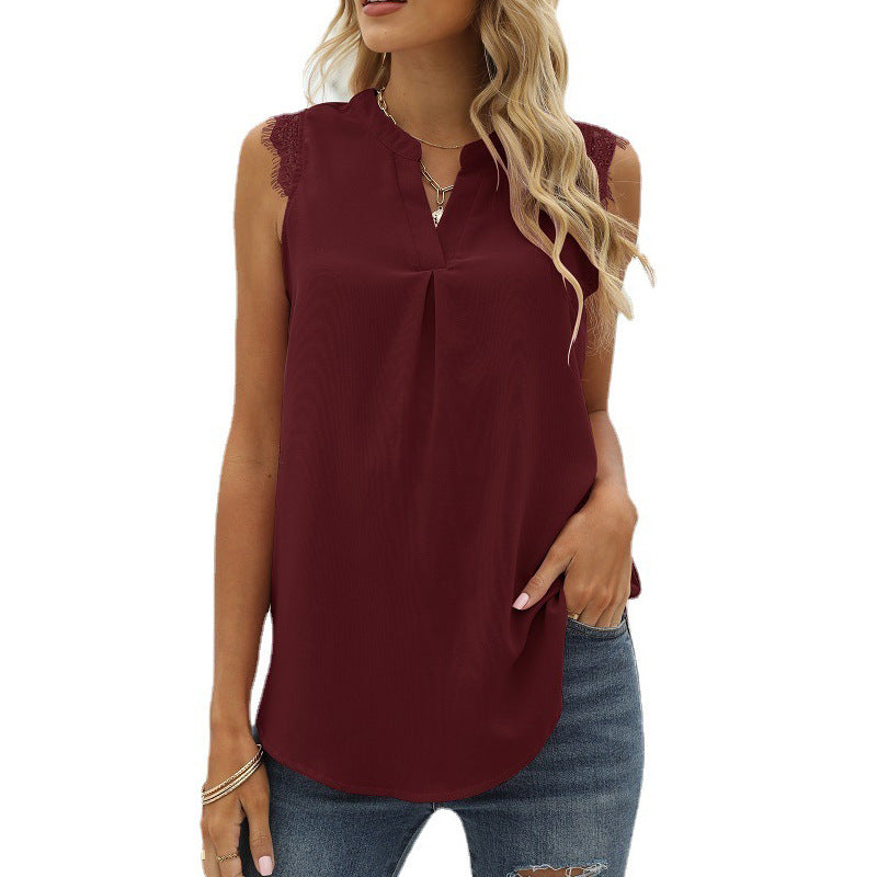 Sleeveless Loose V-Neck Lace Wholesale Tank Tops Solid Color Chiffon Shirt