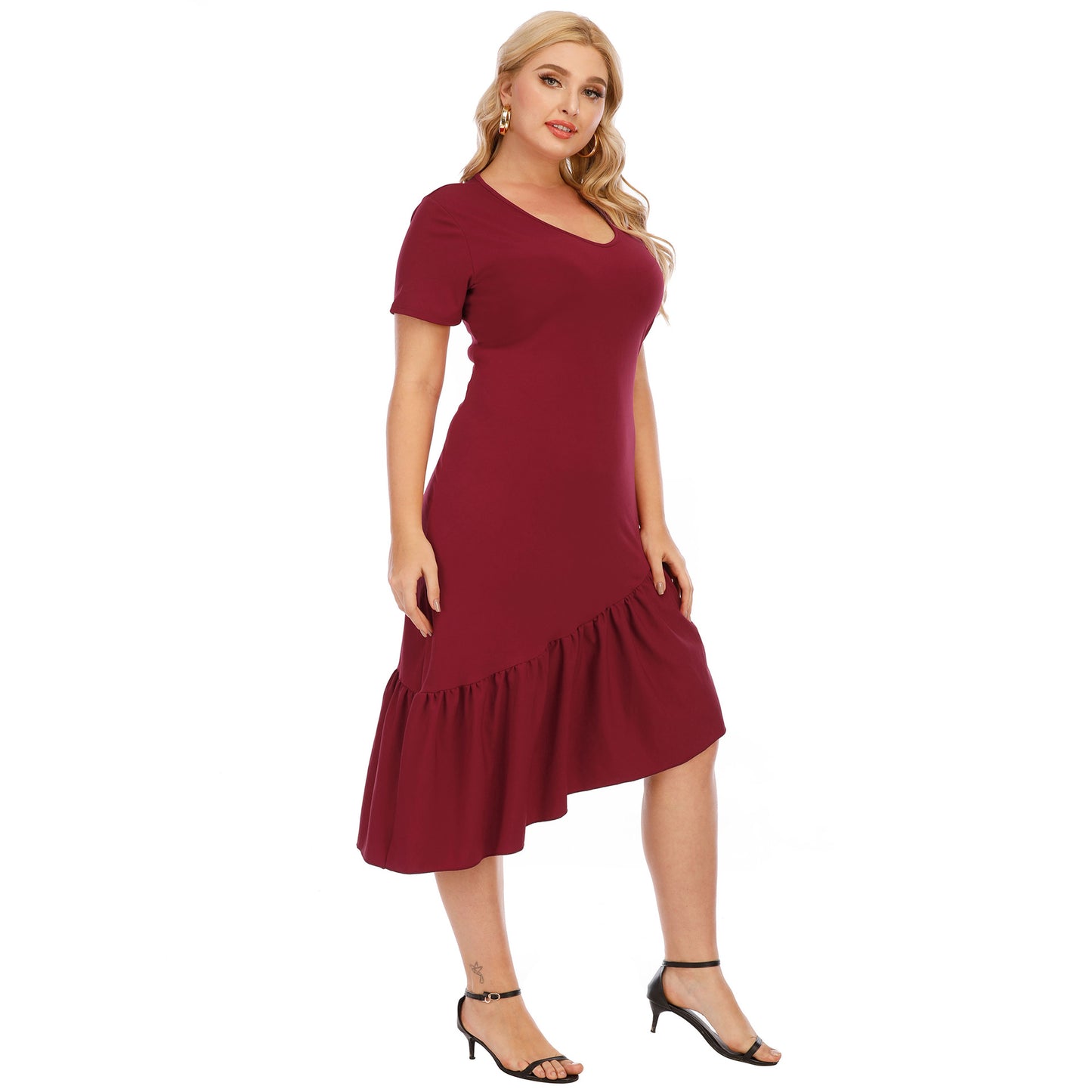 Irregular Ruffled Design V-Neck Short-Sleeved Wholesale Plus Size Dresses