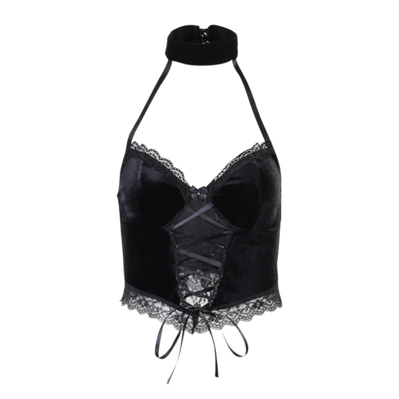 Lace Black Gothic Punk Dark Style Wholesale Crop Tops Halterneck Design