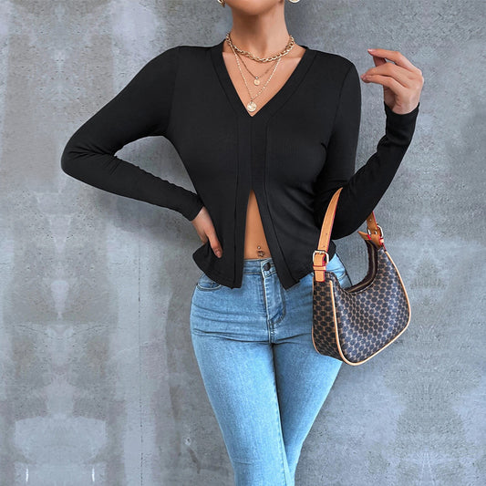 Solid Color Women T-Shirt Slit Design Wholesale Blouse Fashion V Neck