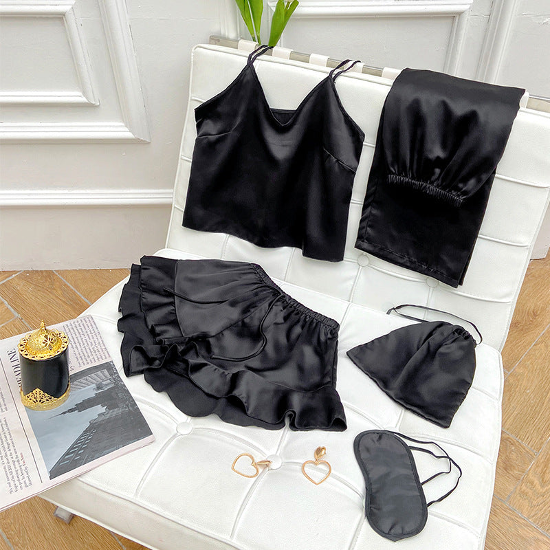 Sleep Mask & Tops & Trousers & Shorts & Bags Satin 5pcs Pajamas Sets Homewear Wholesale Loungewears