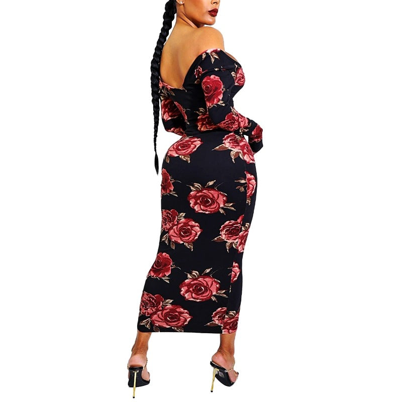 Off Shoulder Floral Print Midi Dress Crew Neck Long Sleeve Sexy Bodycon Wholesale Dresses