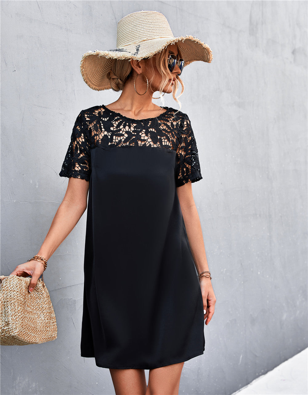 Short Sleeve Round Neck Loose Lace Stiching A-Line Dress Elegant Wholesale Dresses