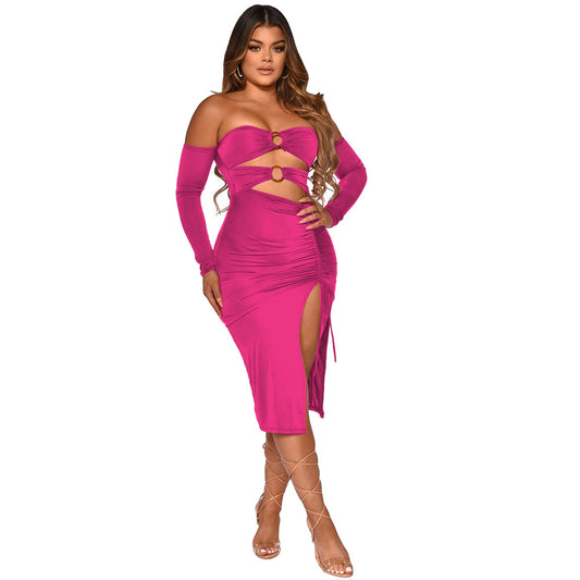 Off Shoulder Solid Color Sexy Bodycon Tight Pleated Fork Dress Women'S Clothing Vendors Wholesale