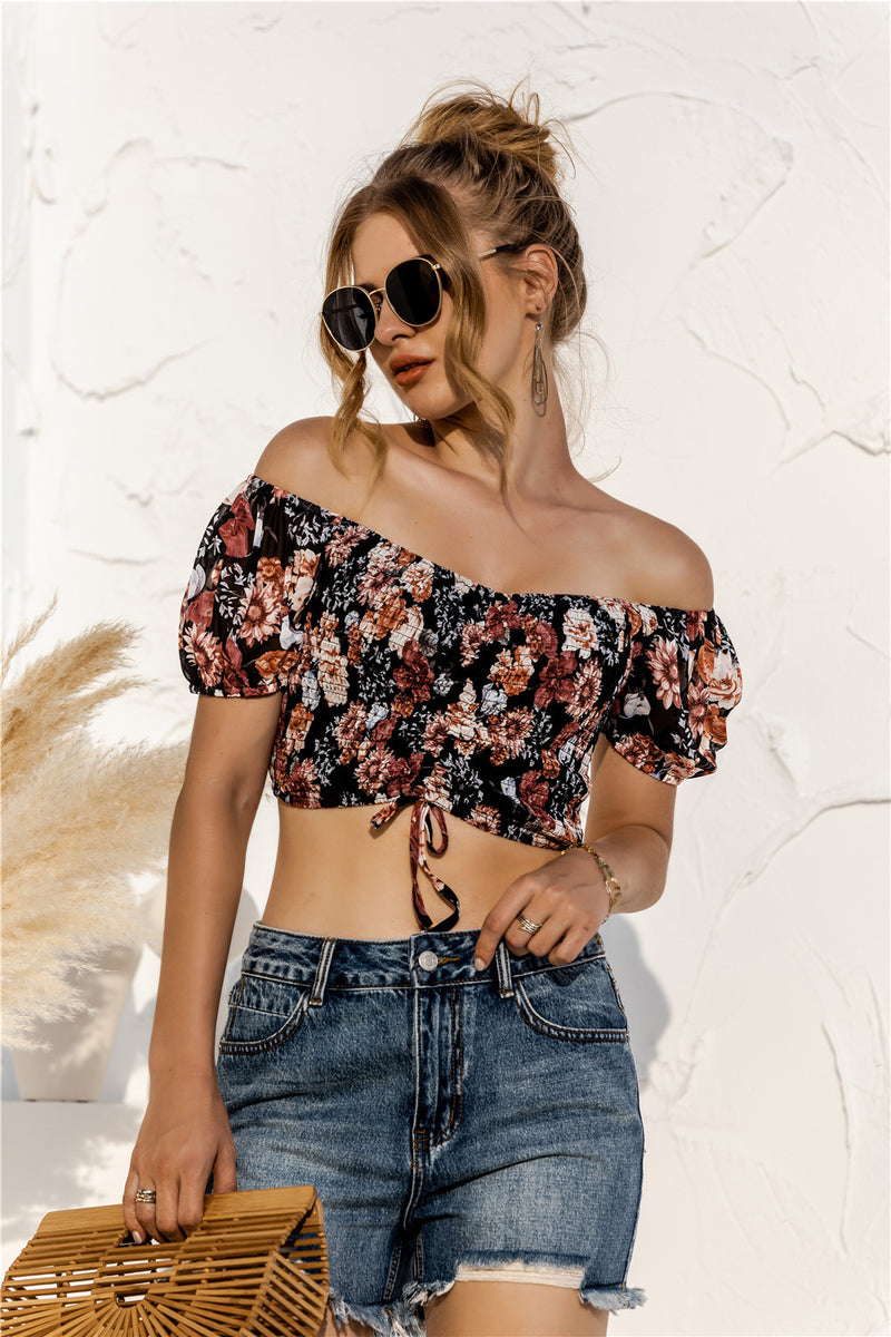 Floral Print Short-Sleeve Off Shoulder Drawstring Sexy Women'S Cropped Shirts Wholesale Crop Tops