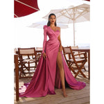 Wholesale Satin Dress With Sloping Shoulder&Thigh Split Party Dress SD150065