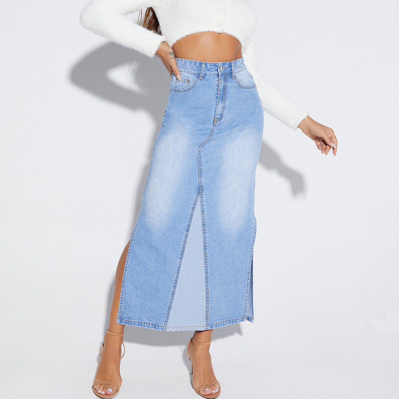 Side Slit Patchwork Wholesale Women Denim Skirt