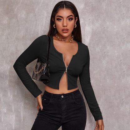 Regular Zipper Knitting O-neck Crop Top