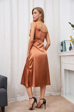 Women Fashion Plain Color Sleeveless V Neck Satin Wholesale Evening Dresses