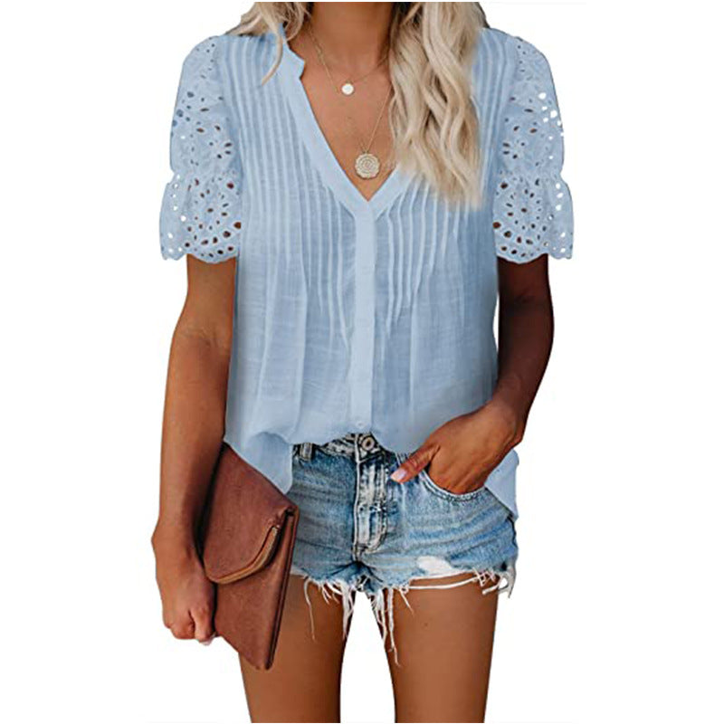 Lace Hollow Out V Neck Short Sleeve Wholesale Blouses Summer