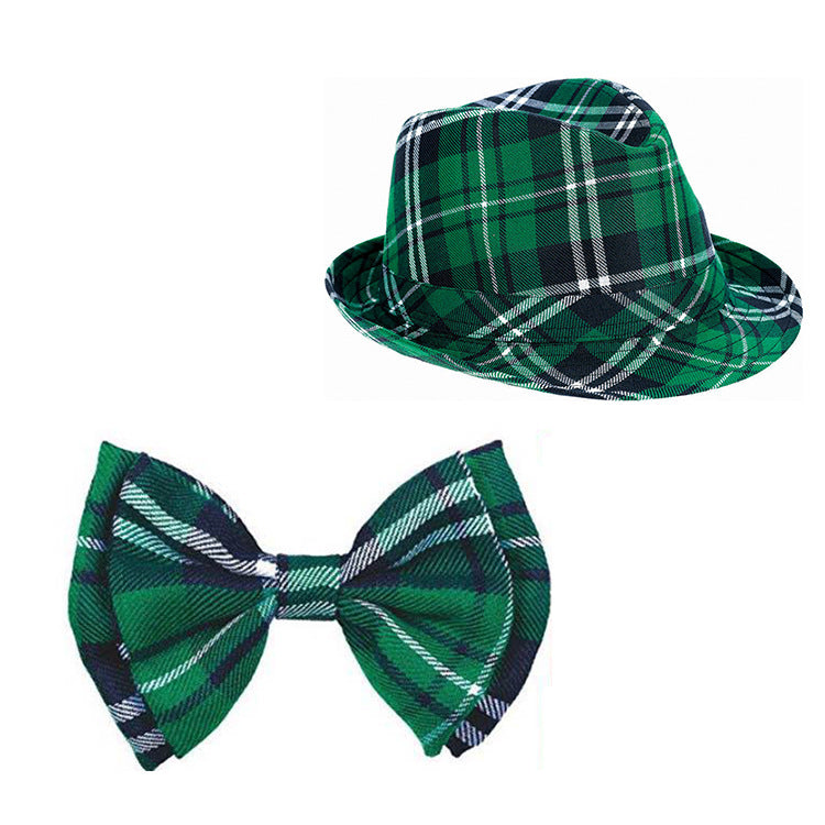 Green Plaid Hat + Bow Tie Set Two Piece Sets For St. Patrick'S Day Wholesale Womens Hats