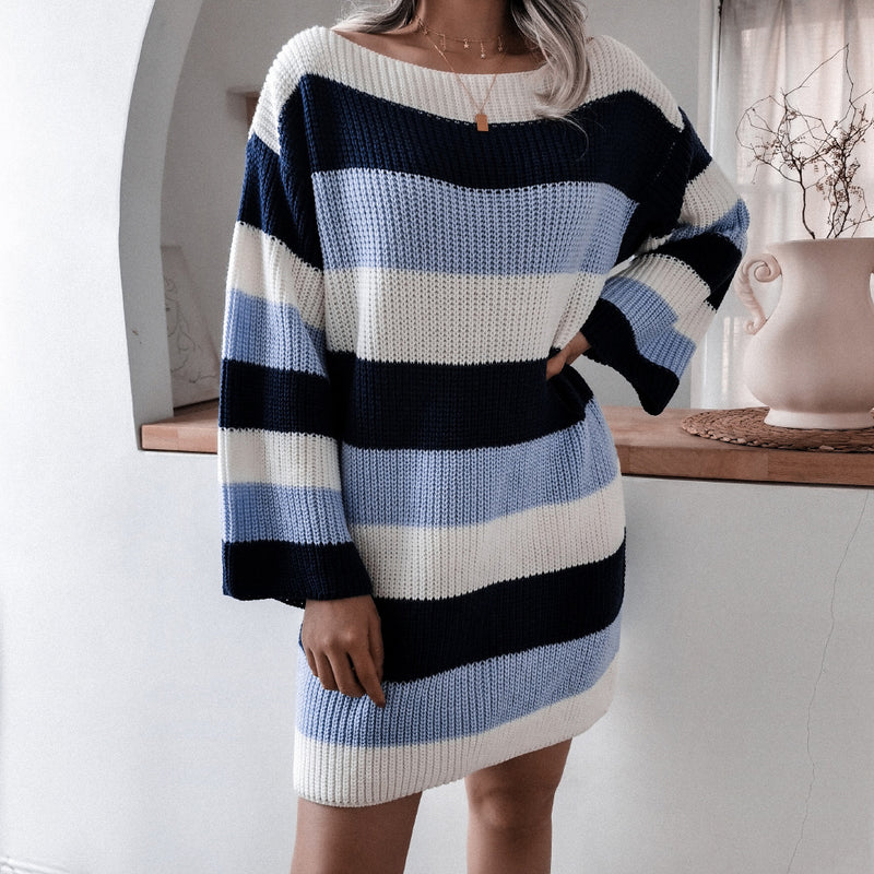 Off Shoulder Loose Contrast Striped Knitted Sweater Dress Women Wholesale