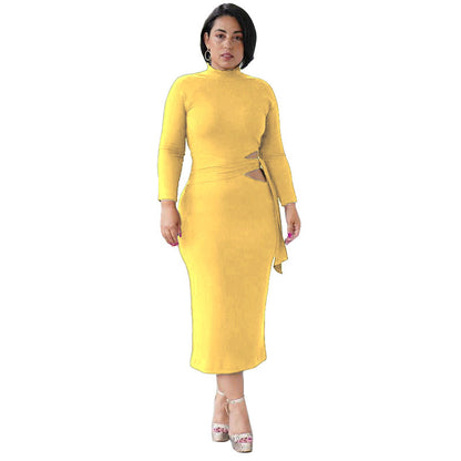 Solid Color Long Sleeve High Waist Hollow Tight-Fitting Mid-Length Dress