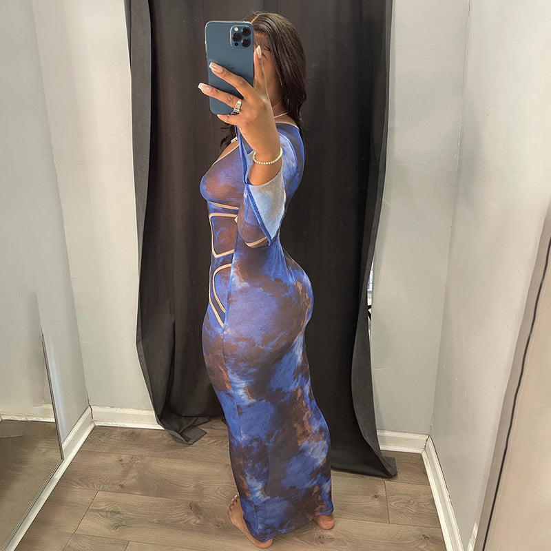 Abstract Print Trumpet Sleeve Transparent Long Dress Best Women'S Wholesale Clothing