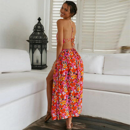 Floral Printed Halterneck Sexy Backless Waist Cut Out Beach Dress Slit Vacation Wholesale Maxi Dresses