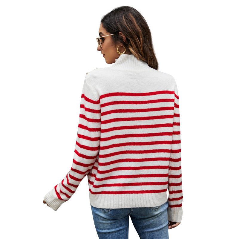 Women's Fashion Striped Long Sleeve Mock Neck Pullover Wholesale Knitted Sweater