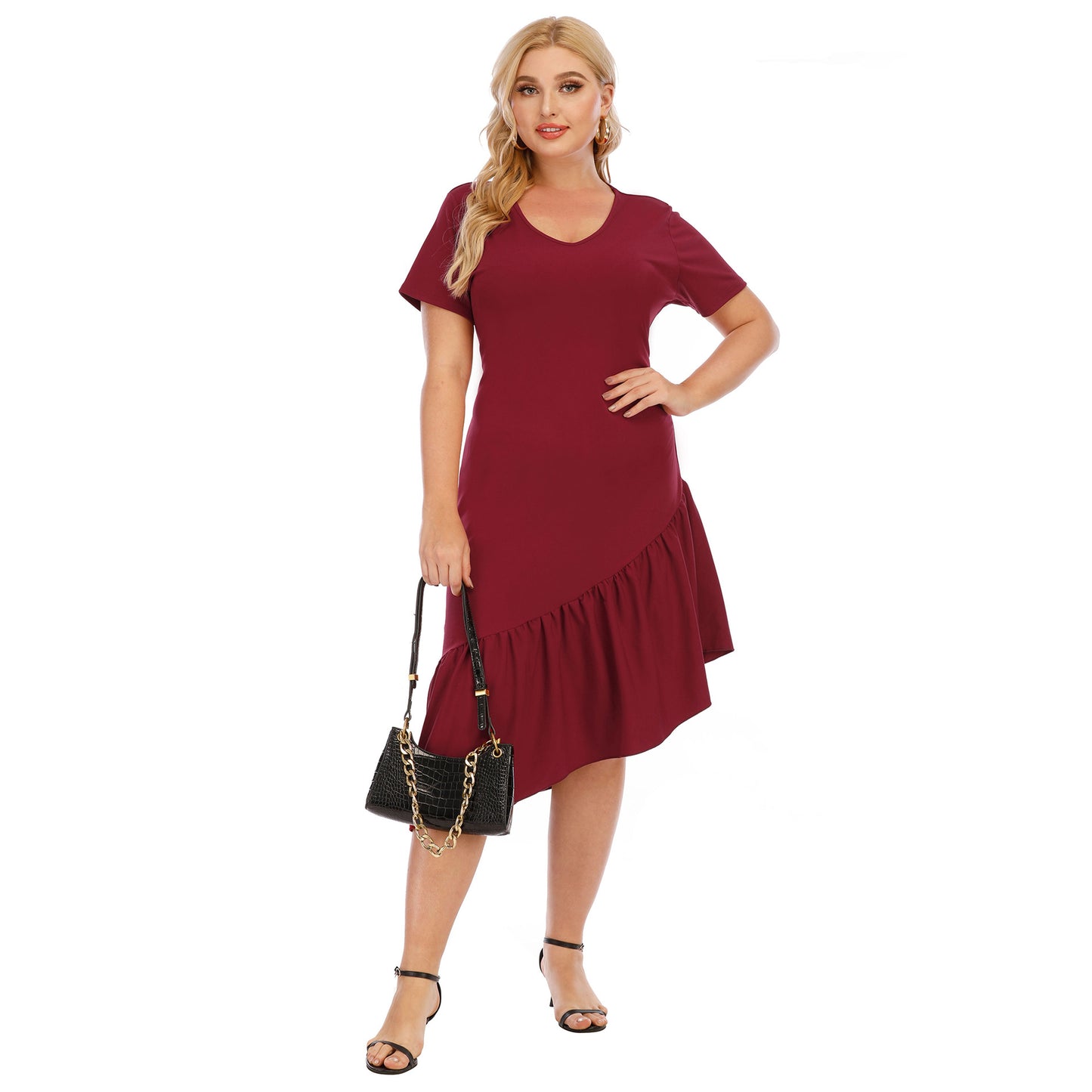 Irregular Ruffled Design V-Neck Short-Sleeved Wholesale Plus Size Dresses