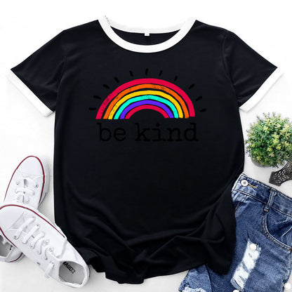 Rainbow & Letter Print Crew Neck Short Sleeve Tops Casual Wholesale Women'S T Shirts