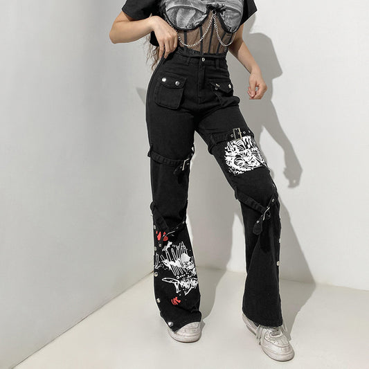 Printed Metal Buckle Wide Leg Wholesale Jeans