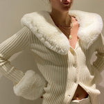 Fashion Women Knitted Top Sweater With Fur Collar