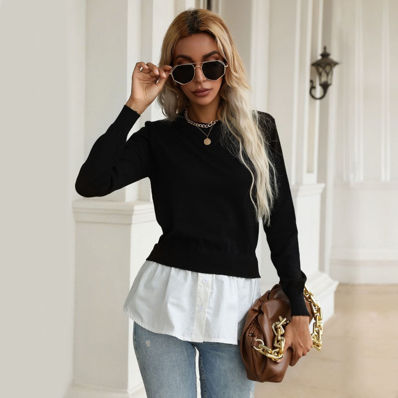 Knitted Shirt Fake Two-Piece Tops Wholesale Women Clothing