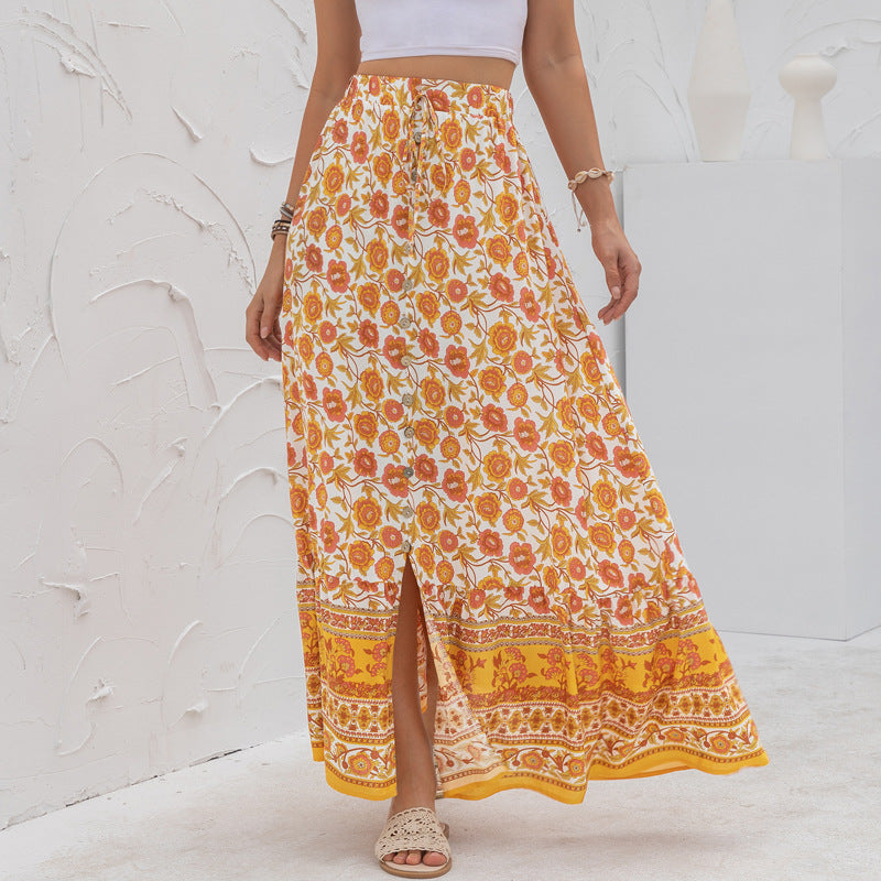 High-Waisted Printed Skirt With Slits