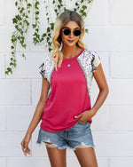 Leopard Print Color Block Short Sleeve Round Neck Wholesale T-shirts Women Summer