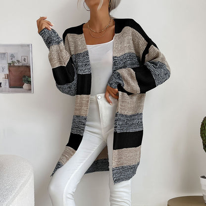 Buttonless Color-Block Knit Women's Wholesale Sweaters and Cardigans