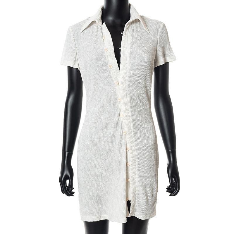 Solid Button Down Turn-Down Collar Short Sleeve Mini Dress