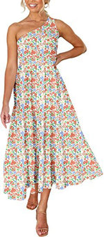Plain & Print Sleeveless Slanted Shoulder Pleated Smocked Midi Dress Casual Vacation Wholesale Dresses SD531076