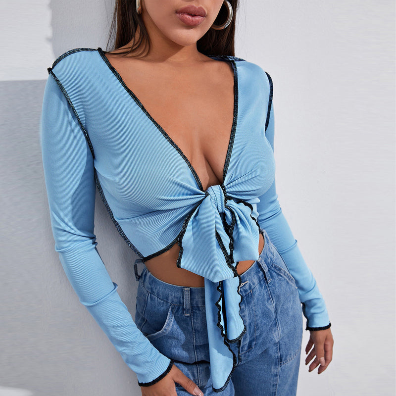 Bow Tie Deep V-Neck Plunging Shirt Wholesale Women Clothing